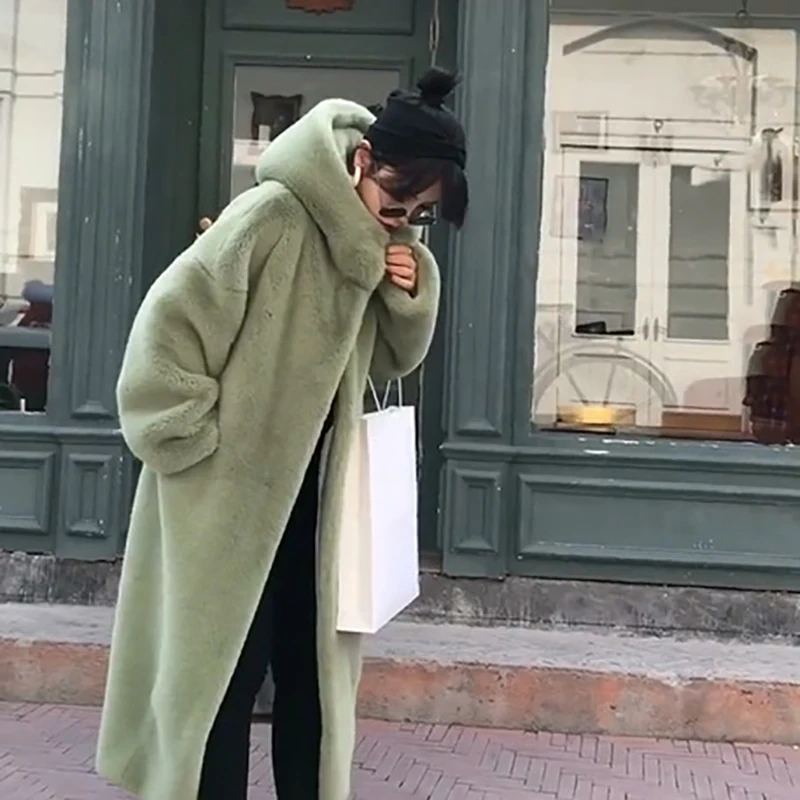 New Fashion Fur Coat Imitation Mink Velvet Fur Thickened Loose Plush Hooded Jacket Female Warm Winter