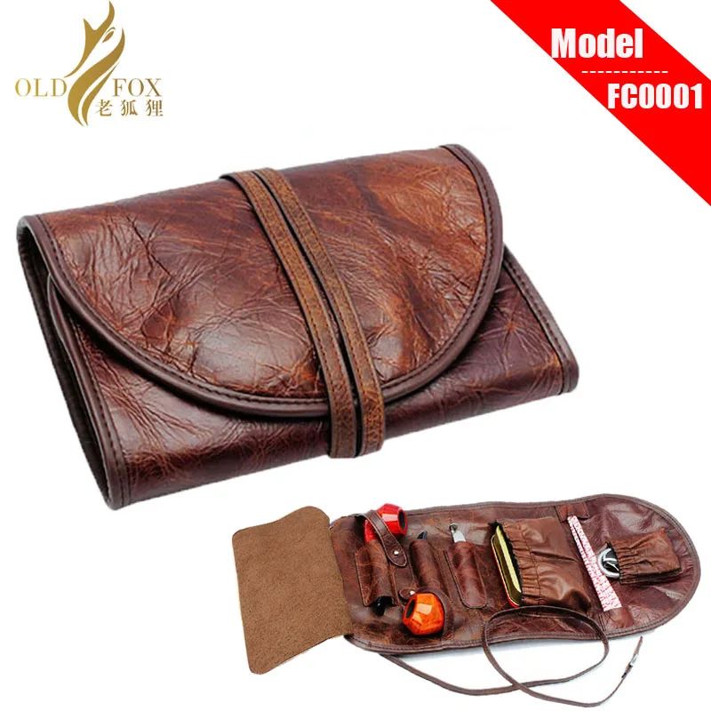 OLDFOX Kraft first layer Leather Smoking Tobacco Pipe Pouch Bag Organize Case Pipe Tool lighter Holder Pocket for 2 pipe fc0001