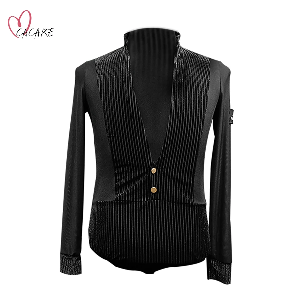 

CACARE Leotard Mens Shirts Bodysuit for Latin Ballroom Dance Competition Top Practice Wear Black D0838 Mesh S-2XL Dropship