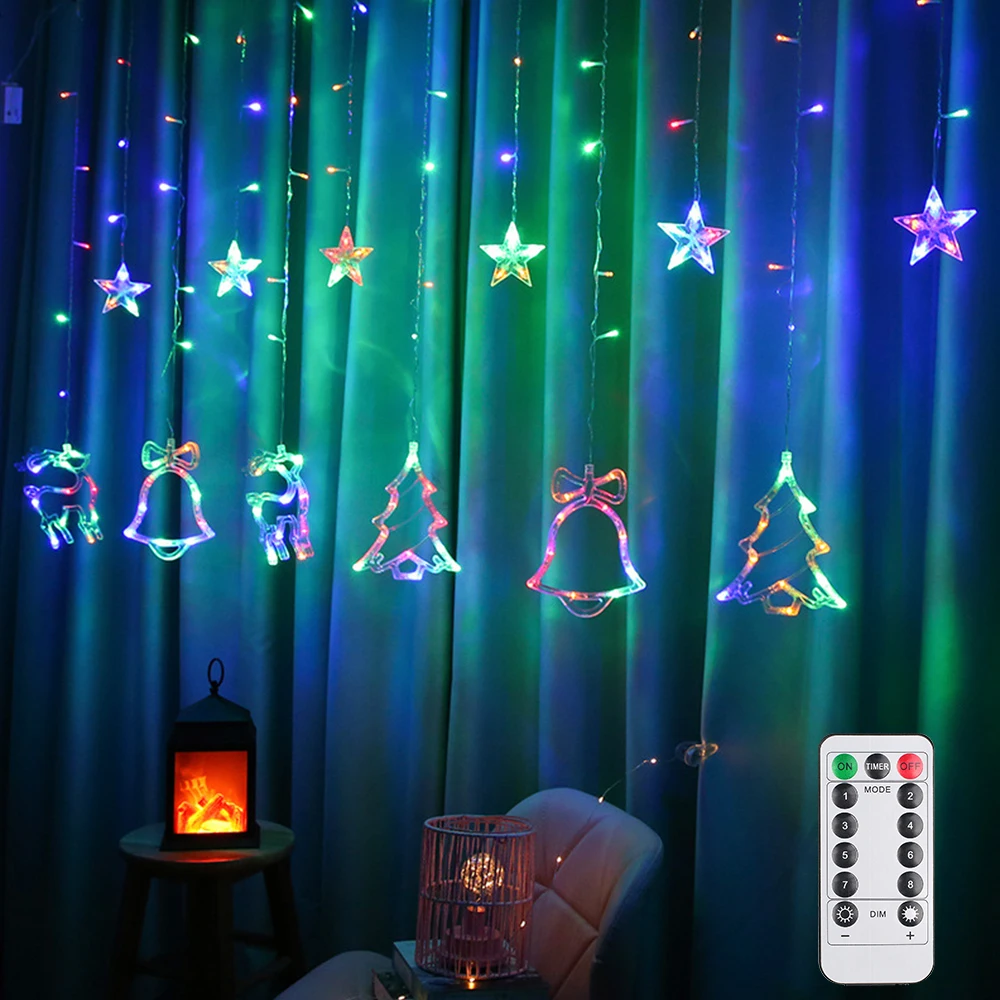 2.5M EU/US Plug Led Christmas Tree deer bells stars Garland Fairy Curtain Light For New Year Party Bar wedding Vacation Decor