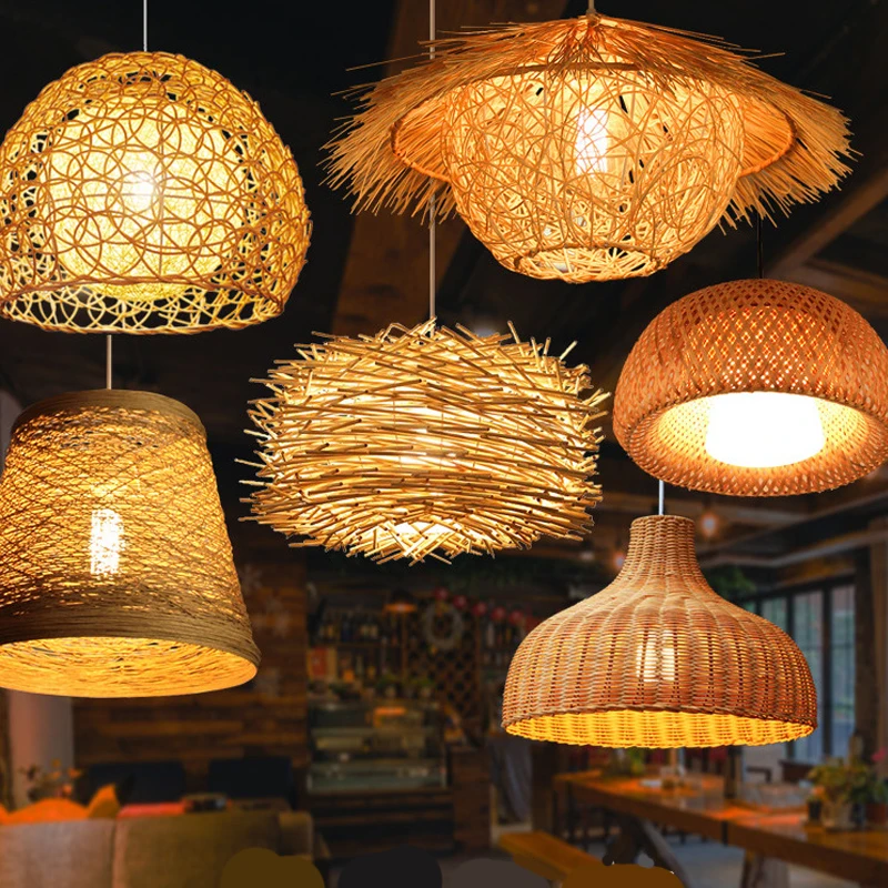 

Rattan Wicker Pendant Round Bamboo Handwork Weaving HangLamp Creative Hotel Izakaya Restaurant Modern Chinese Led Wood Lamp