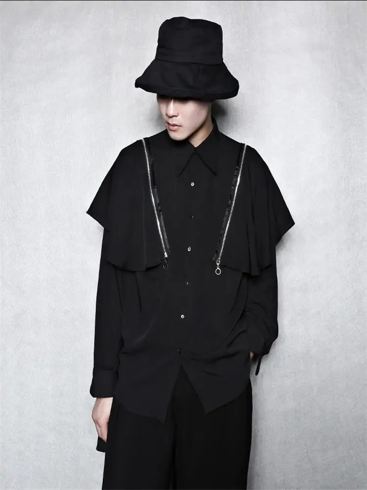 Men's Long Sleeve Shirt Spring And Autumn New Personality Zipper Double Layer Stitching Removable Cape Casual Large Size Shirt