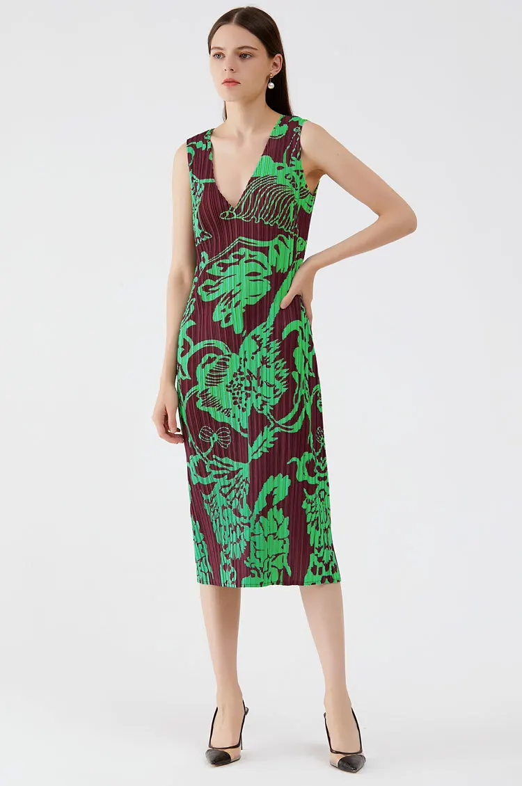 

HOT SELLING Miyake sleeveless fold Front and back v-neck print dress IN STOCK
