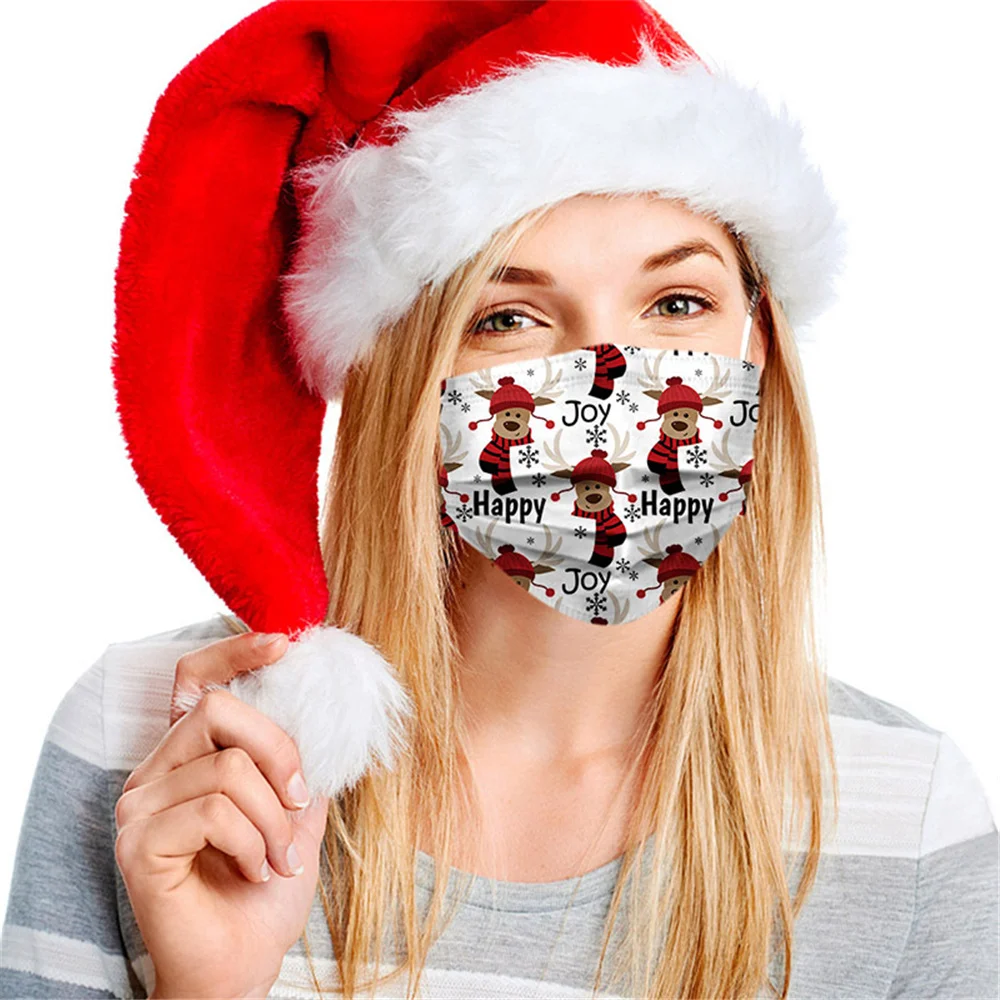 50pcs Adult\'s Christmas Mask Disposable Face Printed 3ply Earhook Industrial Halloween Cosplay Cover Protection Face Mask