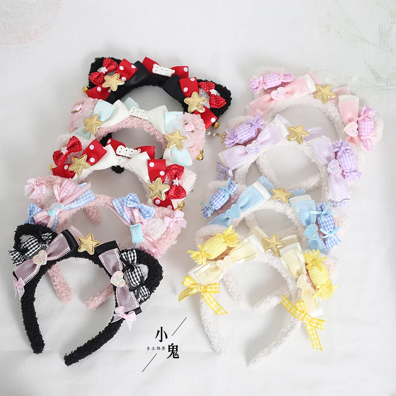 Japanese Handmade Sweet Soft Girl Lolita Pink Blue Cat Ear Headband Hair Accessories Cute Lolita Bow KC Headdress