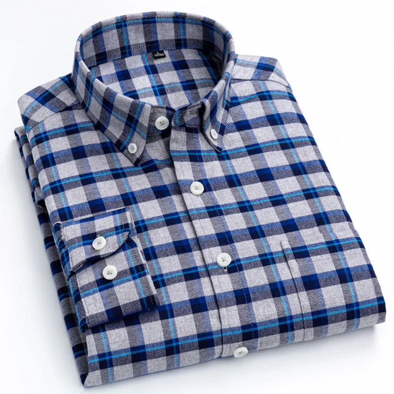 Camisa de algodón cepillado con botones para hombre, camisa informal de manga larga, ajuste estándar, cómoda, gruesa, franela a cuadros Gingham