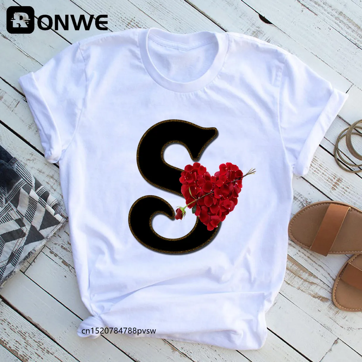 Women's Rose Heart Letter Combination Printing T-shirt Girl Flower Letter Font A B C D E F G Short sleeve Tshirt,Drop Ship