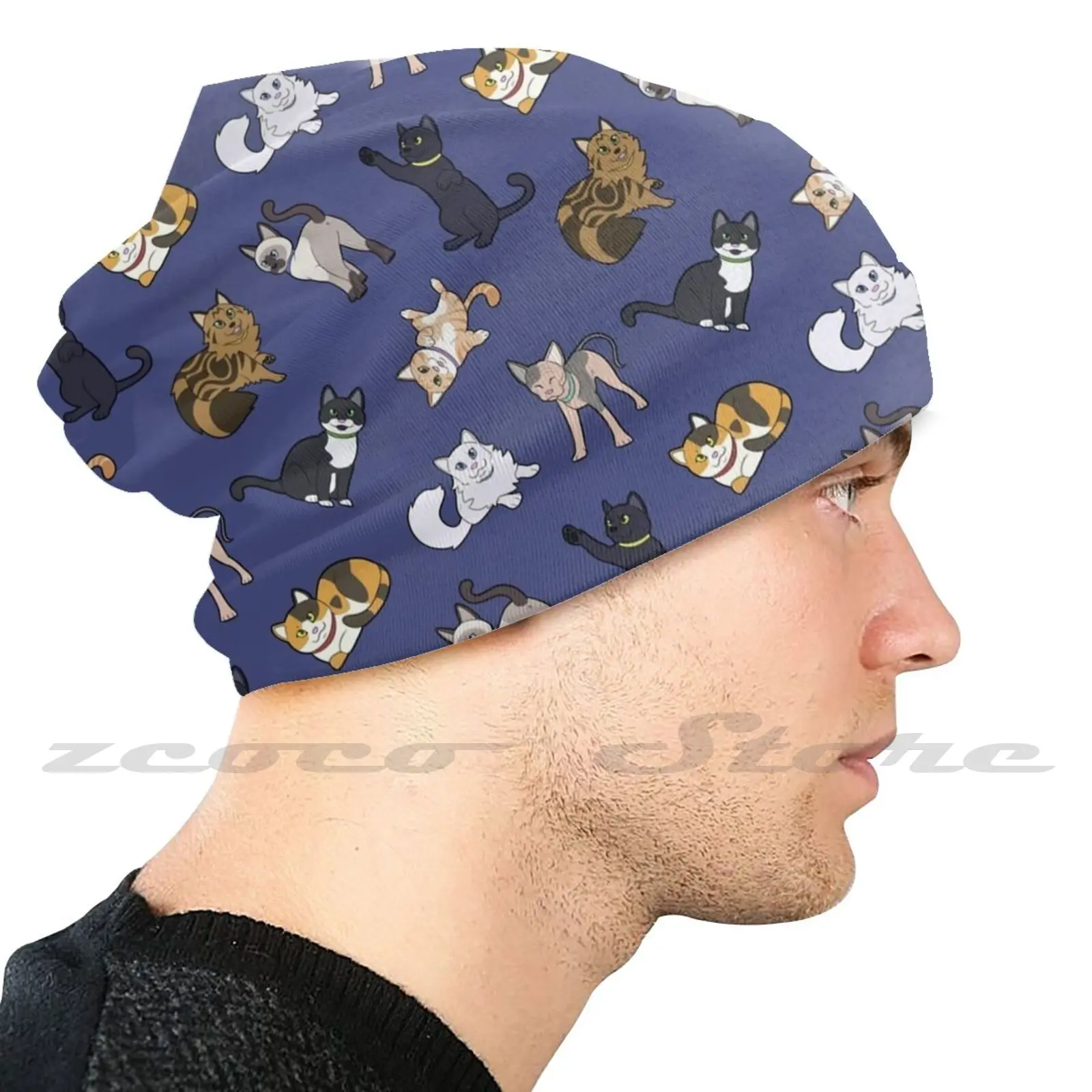 Cat Pattern-Navy Knit Hat Hedging Cap Soft Elasticity Outdoor Sports Leisure Cat Cats Kitten Kittens Siamese Cat Siamese Black