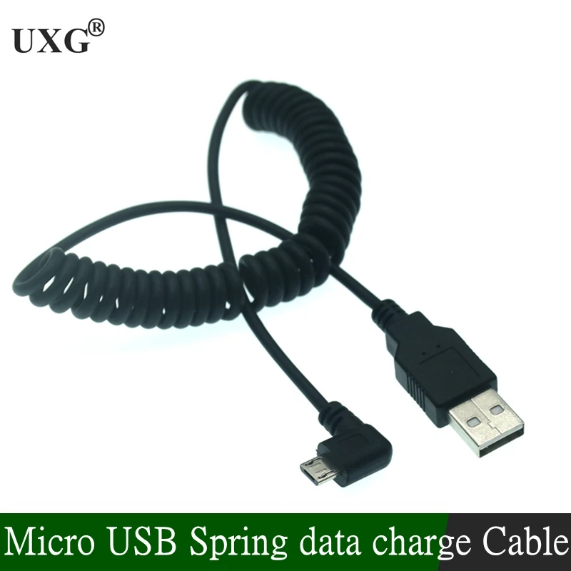 Micro Usb Male 90 degree Right angled to usb male Left / Right Angled Spring Retractable stretch cable sync data charge 1m