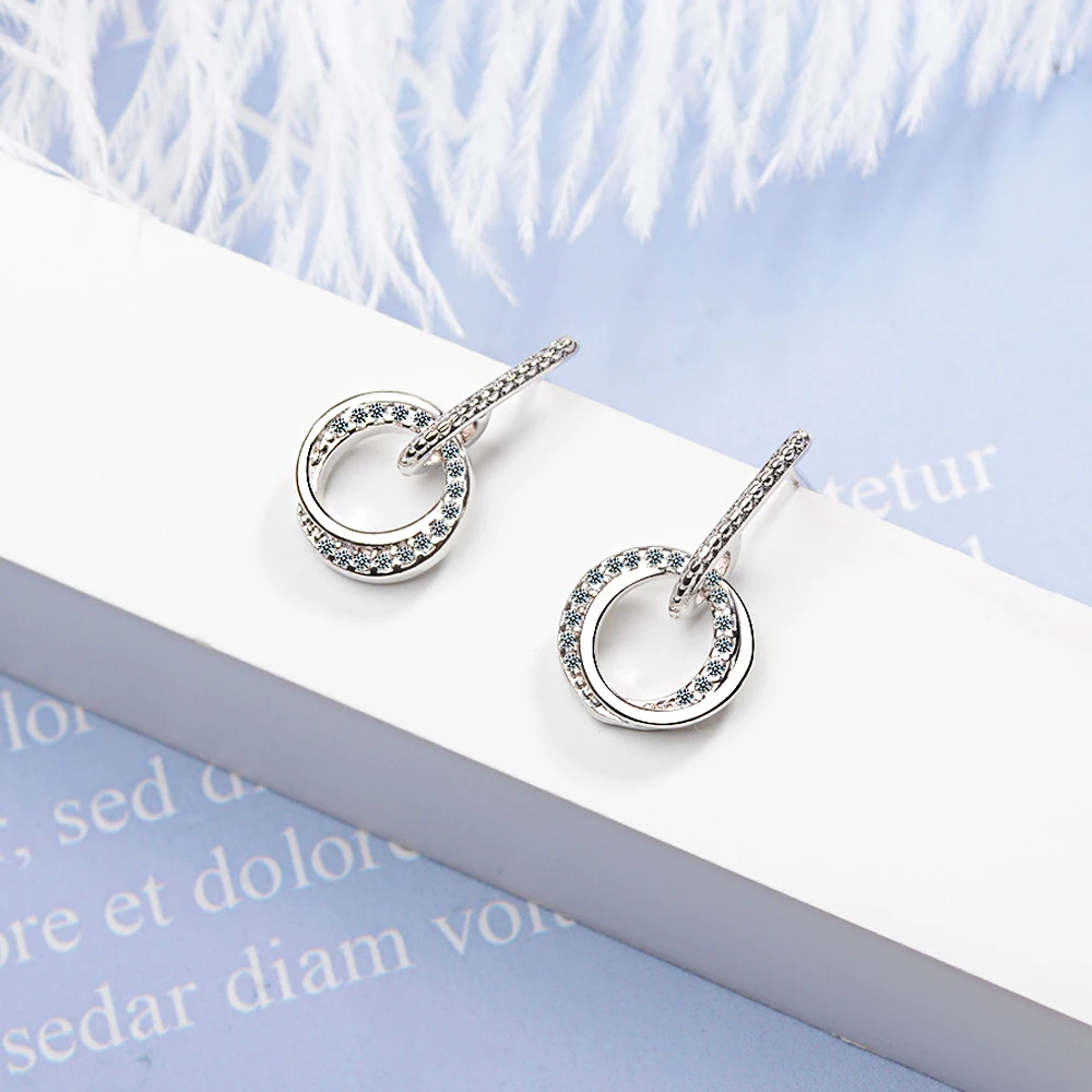 Fashion Double Round Patterns Rhinestone Drop Earrings 925 Sterling Silver Shaking Zircon Circle Pendant Ear Stud Women Jewelry