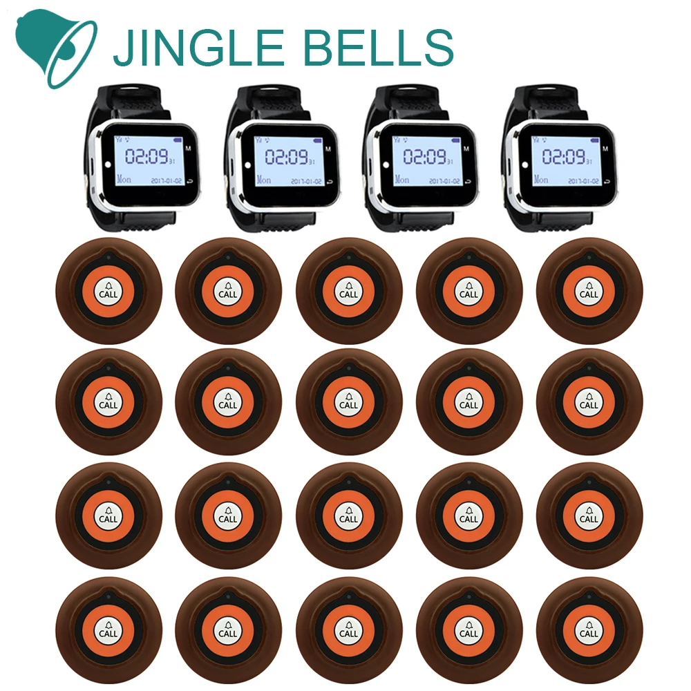 

JINGLE BELLS Wireless Restaurant Guest Calling System 20 Buttons 4 Watch Pager Receiver for Cafe, Bar, Hotel Service