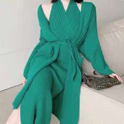 Women Knitting Suits Korean Sweet Spring Autumn Full V-Neck Long Loose Cardigan Slim Long Dress Designer Women Sets All-match