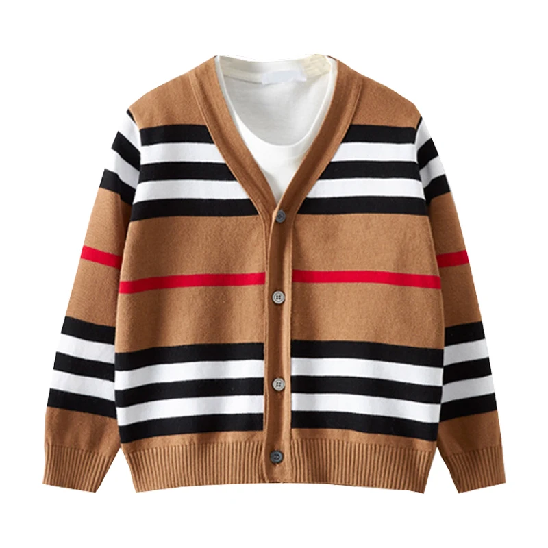 

Brown Boys Cardigans 100% Cotton Girls Sweaters Striped Autumn Clothes For Kids