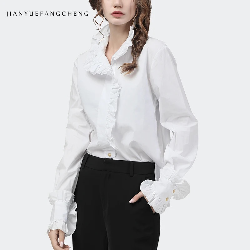 Imagem -02 - Camisa de Algodão Feminina com Babados Elegante Branca Manga Longa Flare Outono Novo Blusa Solta Tamanho Grande para Escritório Coreana 2023