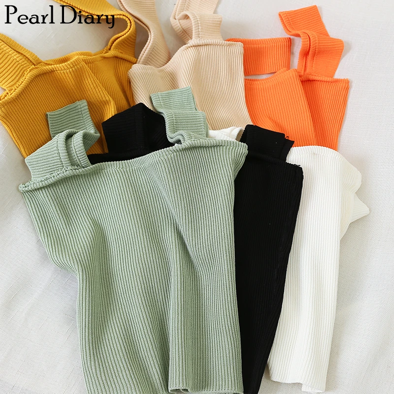 Pearl Diary Knitted Tank Crop Top Rib Knit Tank Summer Slim Basic Solid Sleeveless Tank Top Women Sexy Solid Strappy Crop Tank