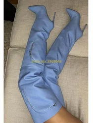 Denim Cargo Thigh High Boots Slim Stiletto Heel Slouchy Loose Shaft Winter Women Boots Zipper Pointy Over The Knee Boots