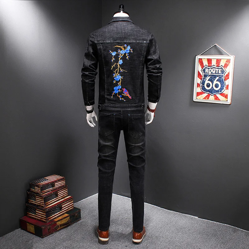 Set Men Fashion Two Piece Set Spring Autumn Embroidery Flower Long Sleeve Denim Jacket Zipper Jeans Mens Streetwear Plus Size