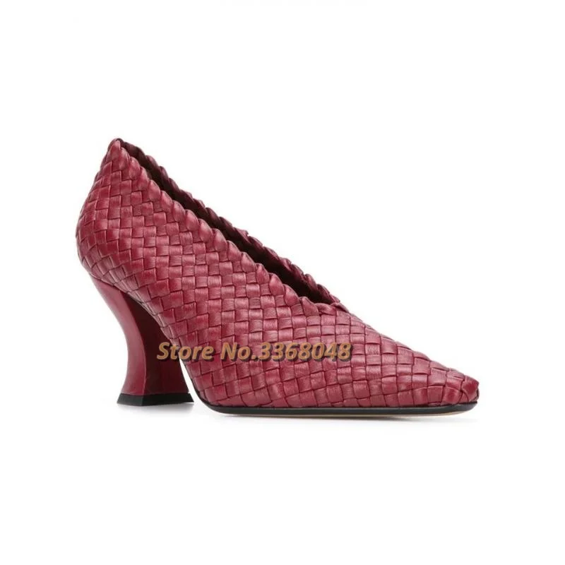 2020 Autumn Winter Weave Pumps Strange Style Heel Shallow Square Toe Slip On Burgundy Shoes Handwork High Heel Shoes Casual