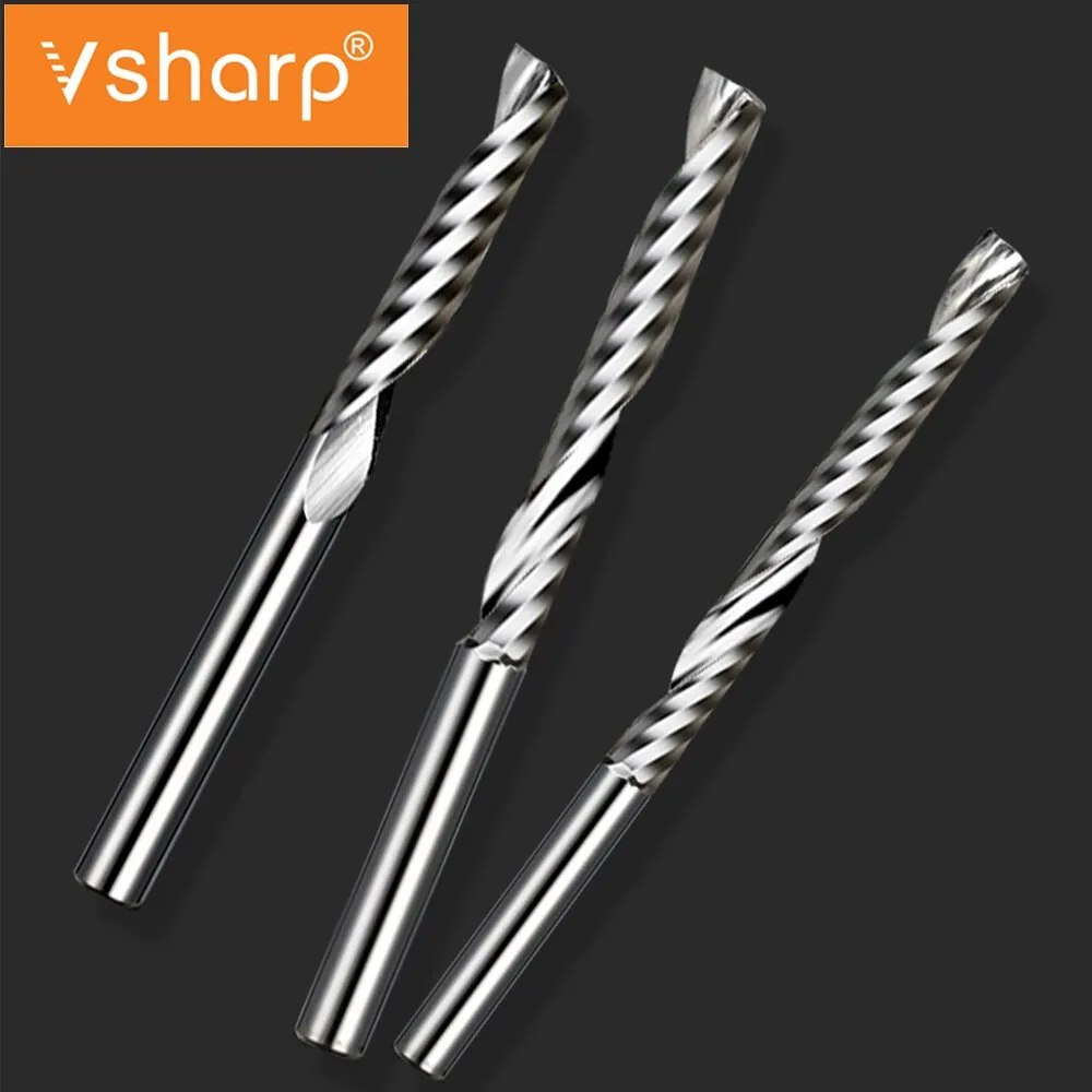 Vsharp 3A Single Flute Spiral End Mill Tungsten Carbide Milling Cutter CNC Bits 4mm 6mm Shank PVC Acrylic Wood Cutting Engraving