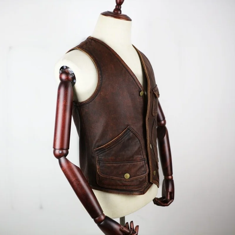 

Genuine Vintage Cow Leather Vest Men Business Slim Real Leather Waistcoat Top Quality Multi-pocket Sleeveless Jackets Plus Size