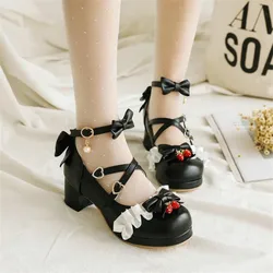 Girls' Shoes Ladies Heels Platform Cute Bow Lace Princess Mary Jane Lolita Shoes Party High Heel Buckle Women Pumps Pink 30-43