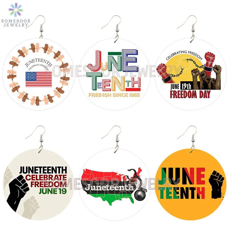 SOMESOOR June 19th Celebrate American Freedom Wooden Drop Earrings Powerful Fist Juneteenth Arts Printed Loops For Women Gifts