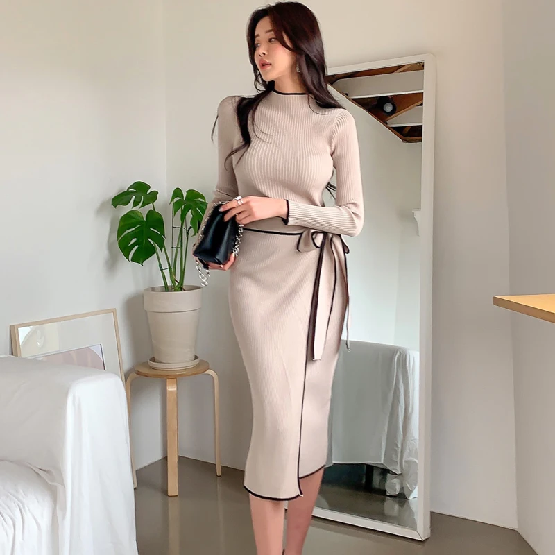 SMTHMA 2022 New Autumn Winter Korean Style Temperament Dress Ladies Slim Waist Lace-Up Knitted Mid-Length Sweater Dress Vestidos