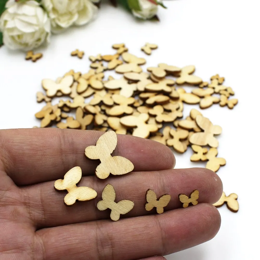 200 pz/pacco fette di legno a farfalla mista artigianato fai da te Scrapbooking decorazioni per la casa ornamenti in legno accessorio fatto a mano