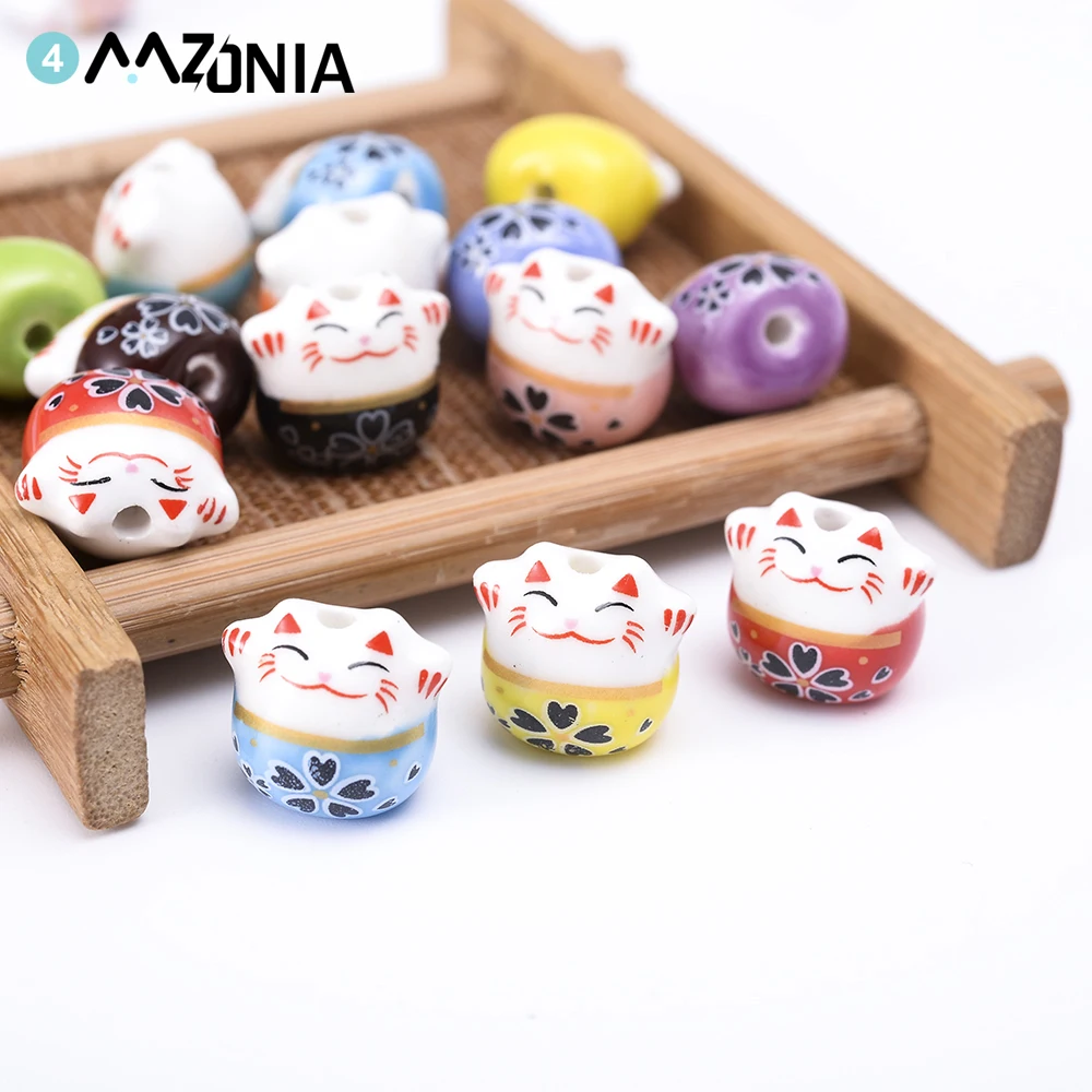 5pcs Colorful Ceramic Beads 14mm Porcelain Lucky Cat Cute Animal Pattern Beads DIY For Craft Bracelet Jewelry Making