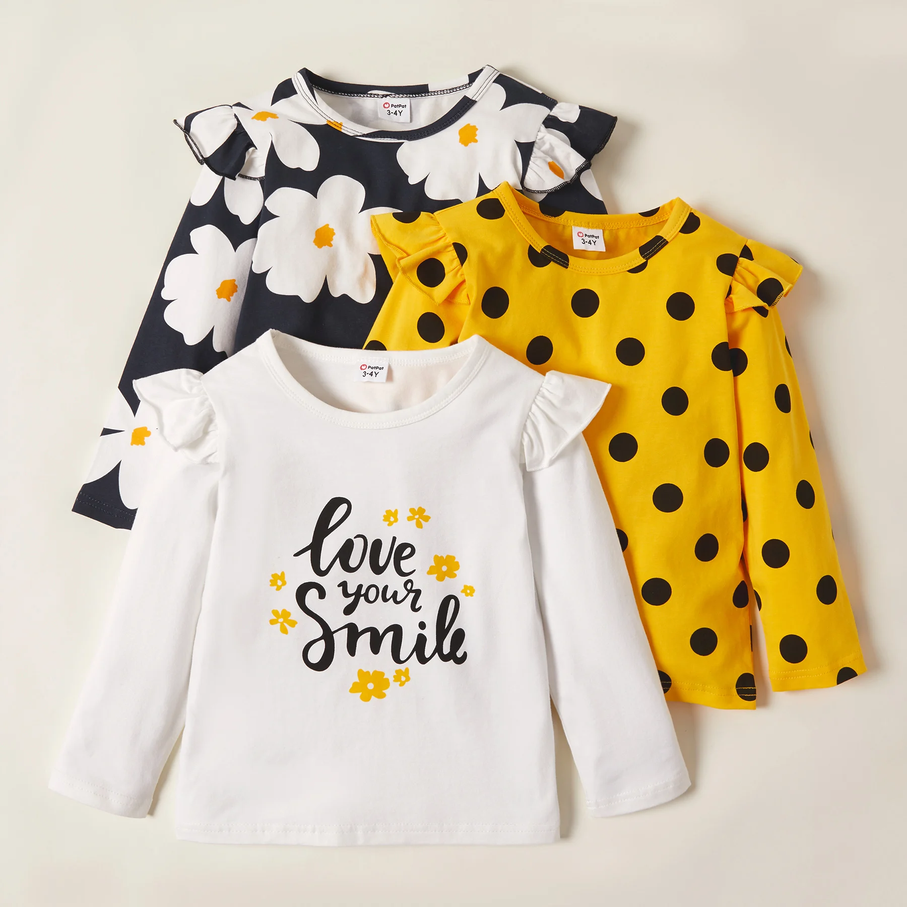 PatPat 3-pack Mädchen T-shirt 3 stücke T-shirts Herbst Und Frühling Floral Dots Lange-sleeve Top Tee Sets kinder Kleidung