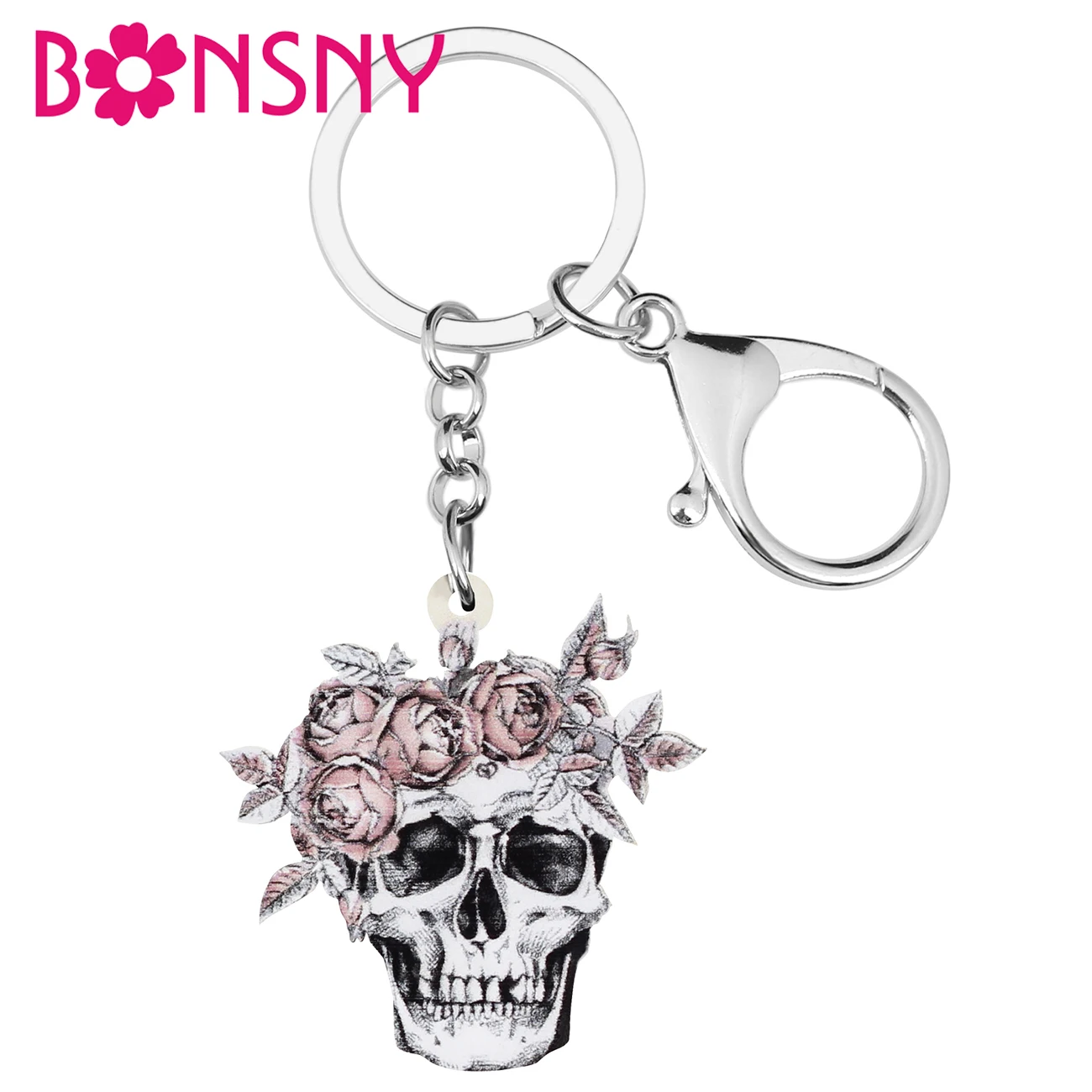 Bonsny Acrylic Halloween Gray Flower Skull Keychains Skeleton Keyring Jewelry For Women Girls Teen Festival Gift Bag Decoration