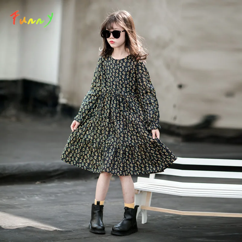 Spring Autumn Toddler Girl Dresses Knee Length Cotton Casual Floral Princess Dress for Girls Kids Clothes 4 6 8 10 12 14 Years