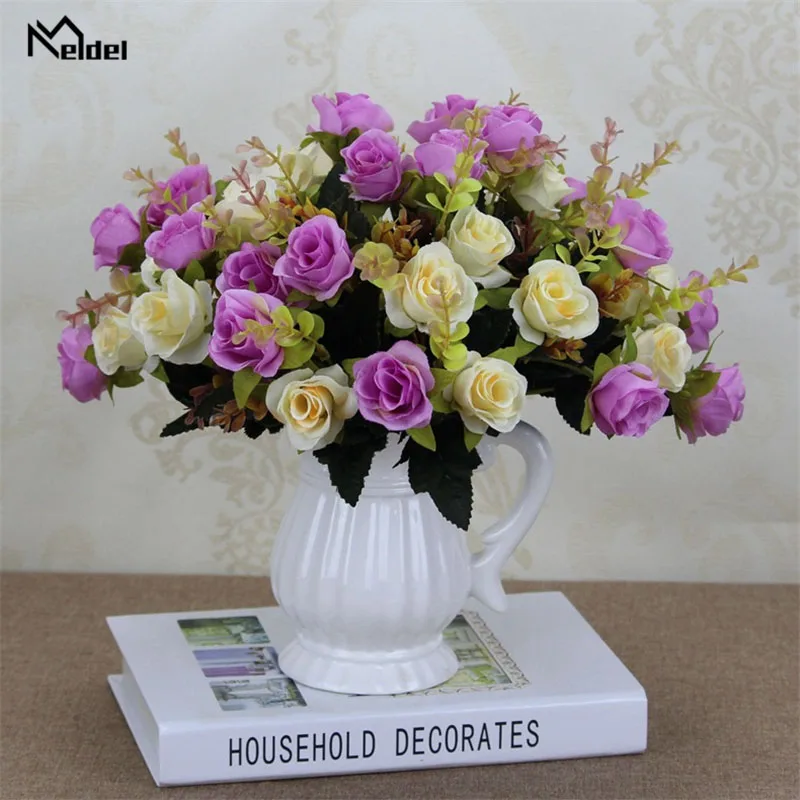 Meldel-ramo de flores artificiales para decoración del hogar, rosa de ramo pequeño de seda Color otoñal, para novia o boda