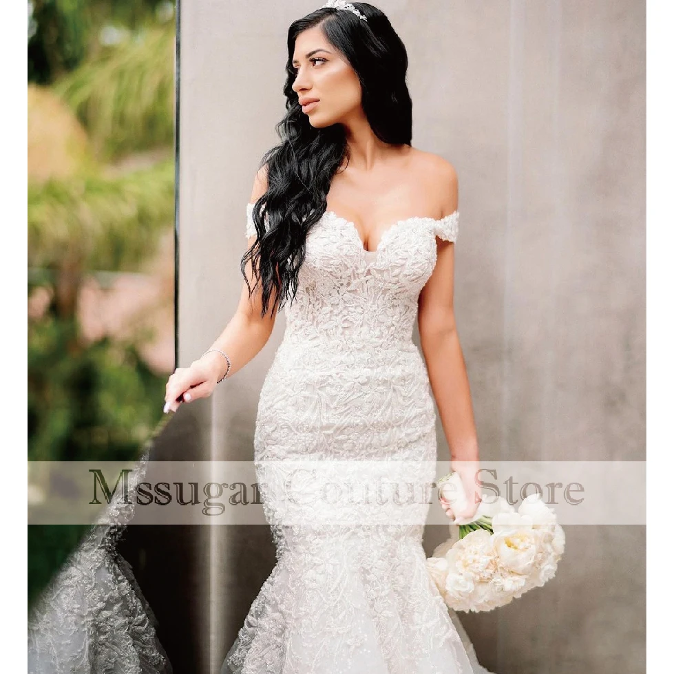 2022 Elegant Lace Mermaid Wedding Dresses Off Shoulder Appliques Sweetheart Formal Bridal Gowns