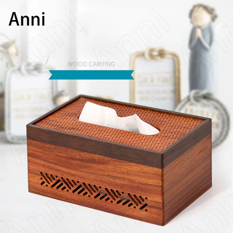 Creativity Mahogany Tissue Boxes Chinese Vintage Bamboo Cover Push and Pull Paper Towel Organization Home Living Room Decoration