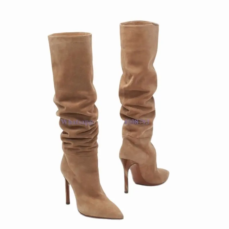 New Long Brown Pleated Boots Slip On Solid Stilettos High Heel Pointed Toe Women Boots Knee High Big Size Shoes botas de mujer