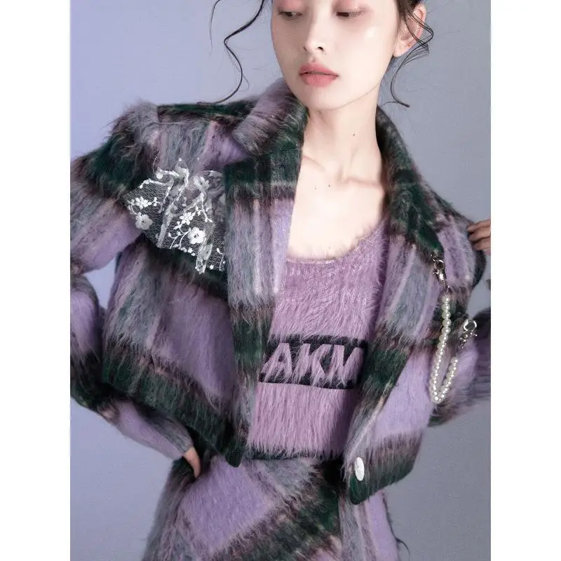 

Women Suits 2022 New Spring Korean Sweet Wool Plaid Short Coat Single Button Turn-down Collar Shirt 2 Pic Set Euro-America Style