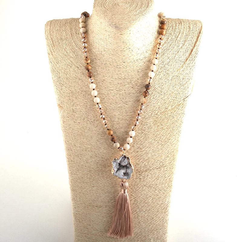 Fashion Boho Jewelry Natural Stones Long Knotted Necklace Druzy Stone Charm Tassel Necklaces