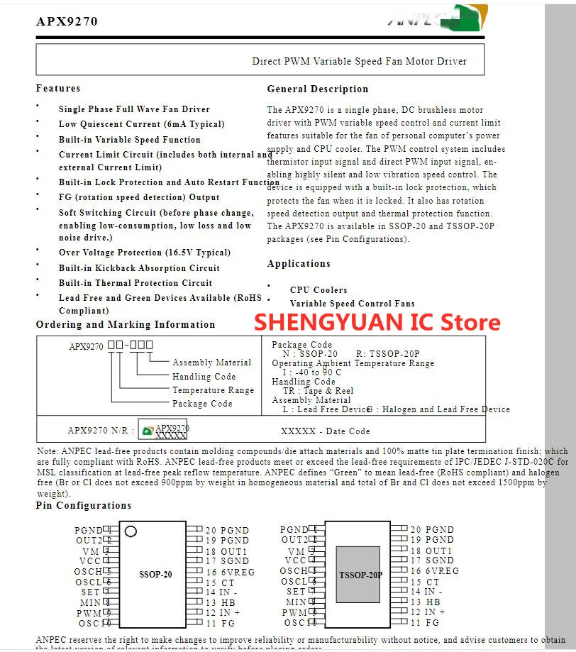 10Pcs/lot APX9270 APX9270NI-TRG SSOP-20 APX9270NI  Direct PWM Variable Speed Fan Motor Driver quality 100% new imported original