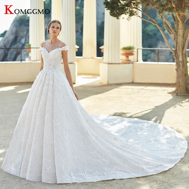 

Elegant Off the Shoulder Sweetheart Neck 3D Flowers Wedding Dress Luxury Cathedral Train Embroidery Appliques Bridal Ball Gown