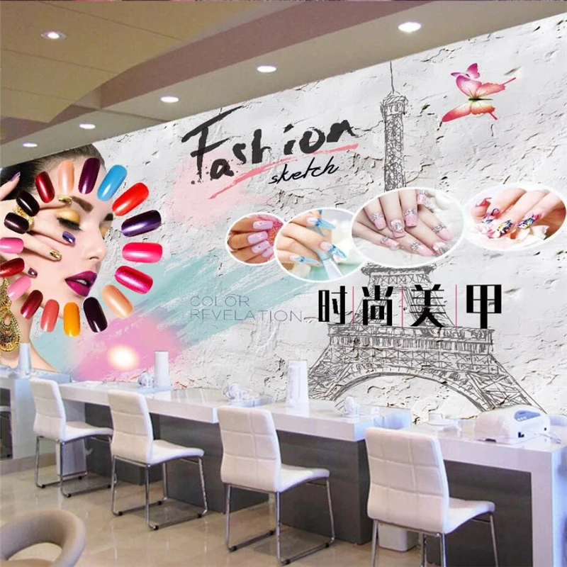 beibehang Custom wallpaper 3d creative beauty salon cosmetics nail art tooling wall nail art makeup nail polish arm 3d wallpaper