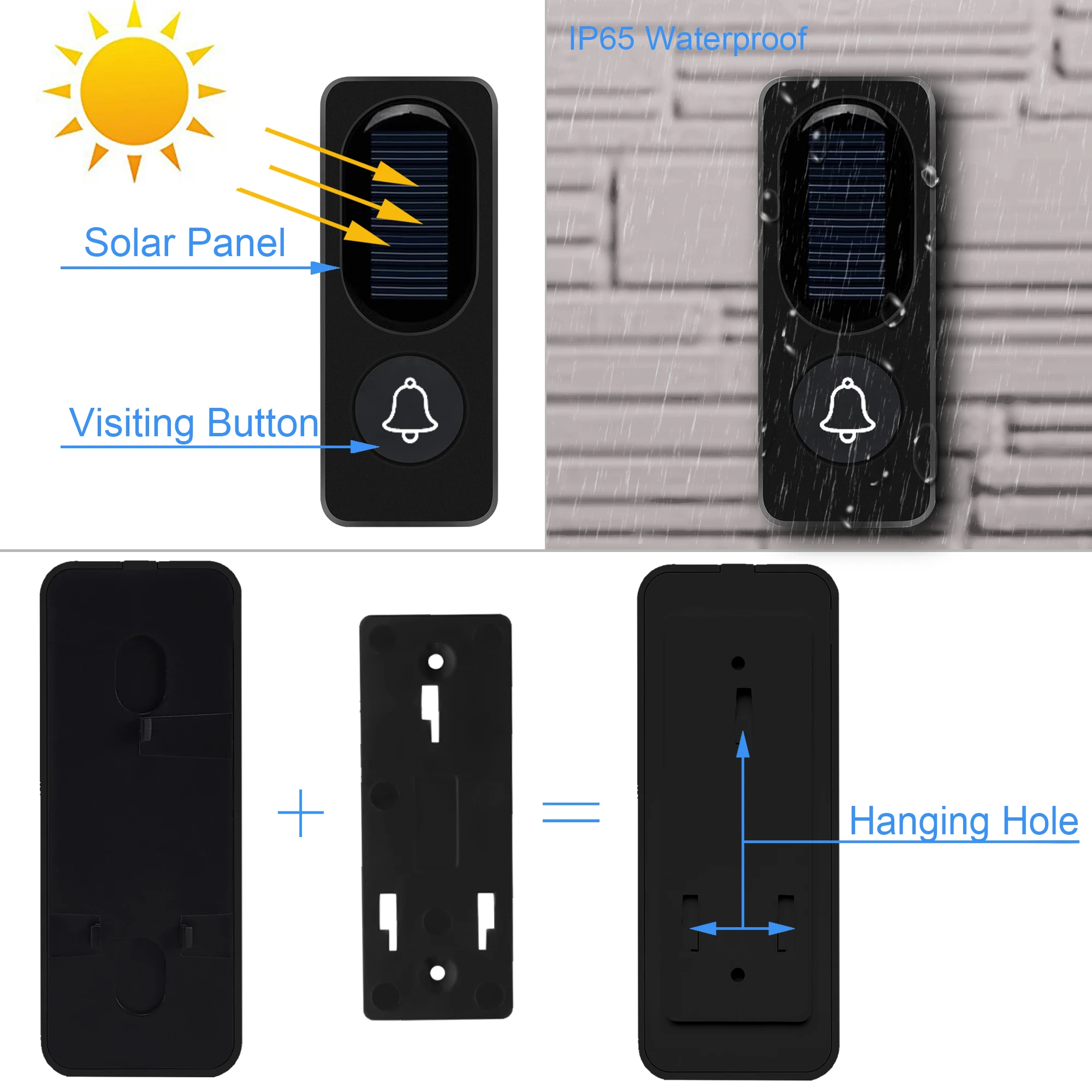 Solar Wireless Doorbell Low Power Home IP65 Waterproof 300M Door Bell Chime Outdoor Doorbells