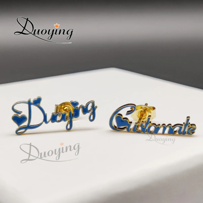 Duoying Enamel Personalized Custom Nameplate Earrings For Women Customize Initial Cursive Name Stud Earring Mom Gift