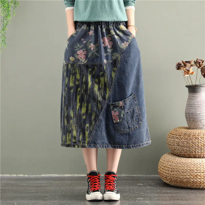 

Autumn New Style Retro All-match Thin Denim Skirt Female Loose Large Size Women Elastic Waist Floral Skirt Midi Jeans Saia K1137