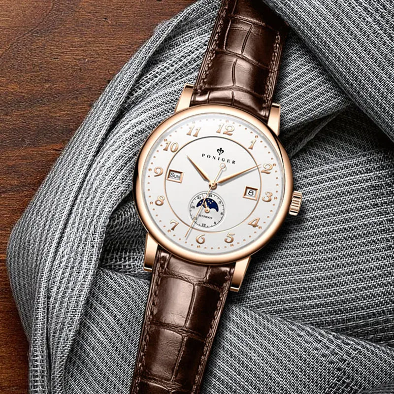 PONIGER หรูหราสายหนังแท้นาฬิกากลไกอัตโนมัติผู้ชายกระจกแซฟไฟร์นาฬิกากันน้ําวันที่สัปดาห์นาฬิกา