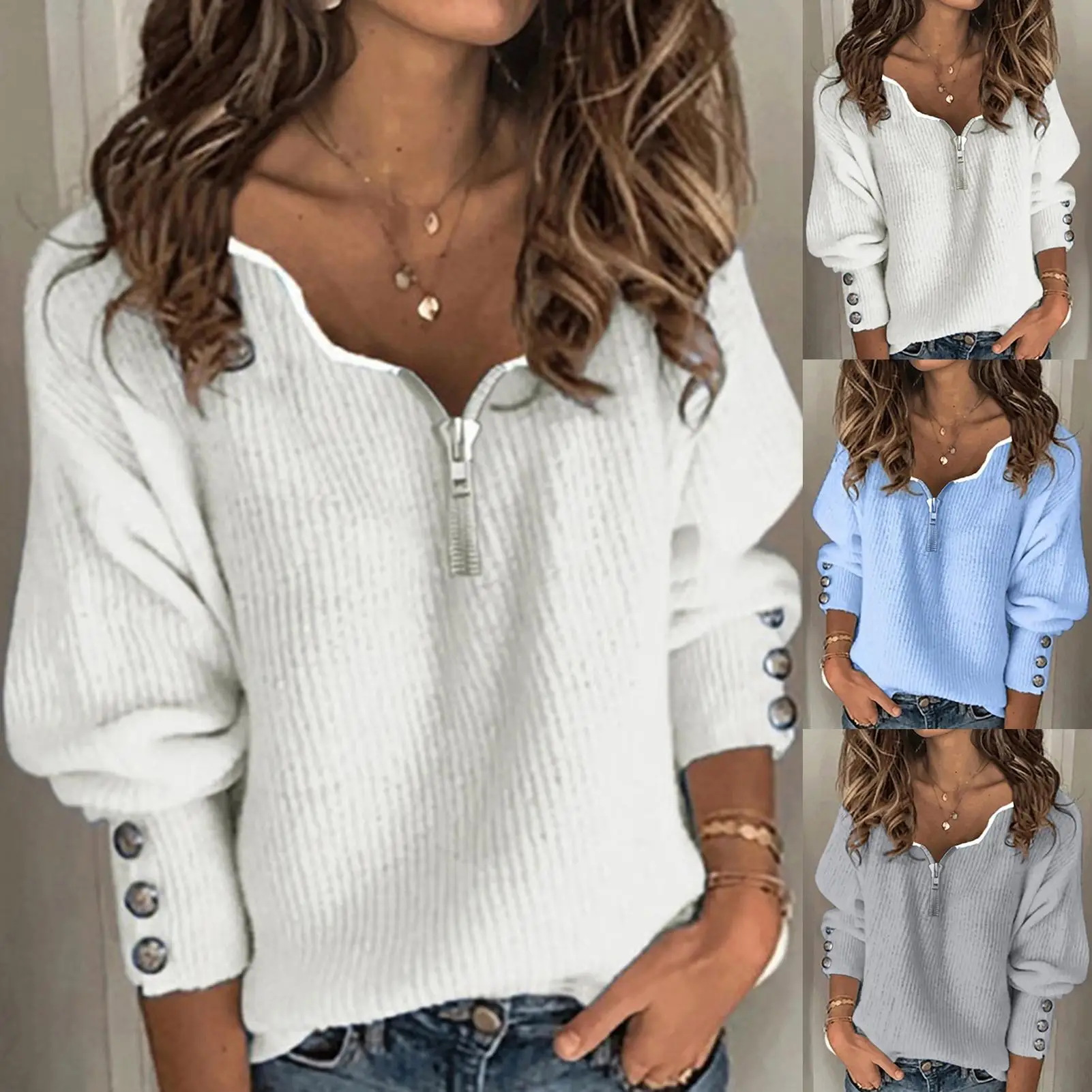 Loose Sweater Women Autumn Zip V Neck Long Sleeve Buttons Cuff Loose Sweaters Pullover Autumn Winter Knitwear Blouse 3XL