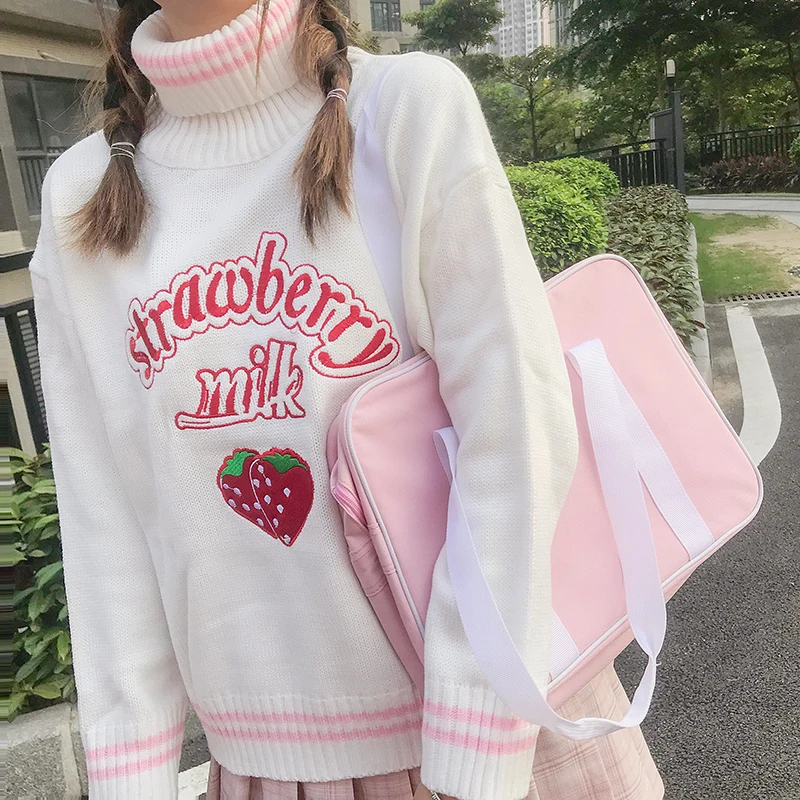 

Cute Strawberry Embroidered Loose Sweater Women's Sweaters Japanese Kawaii Ulzzang Female Korean Harajuku Clothing For Women