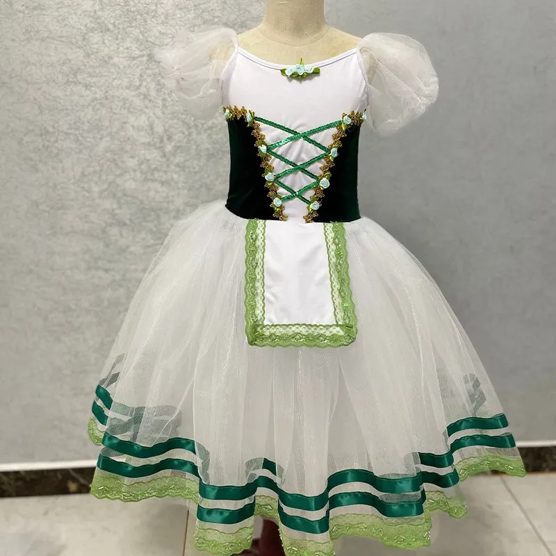 Giselle Ballet Costumes Green Romantic Tutu Long Tulle Dress Girls Child Adult Skate Ballerina Stage Performance Chorus Dress