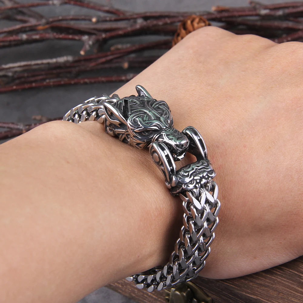 Never Fade Rock Viking Wolf Bracelet Men's Stainless Steel Mesh Chain Can Open Wolf Mouth Punk Bracelets Biker Jewelry - view 3