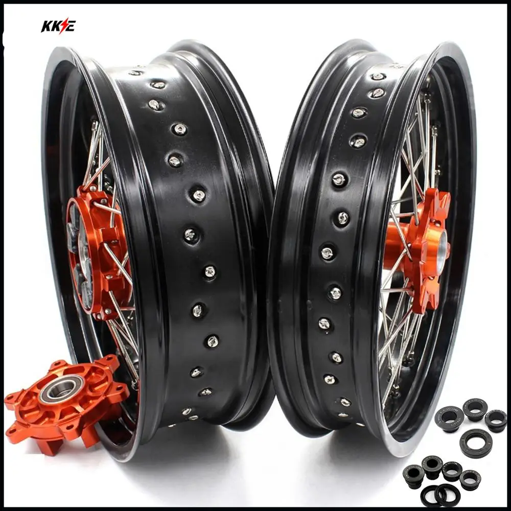 KKE 3.5/4.25*17'' Supermoto Cush Drive Spoked Wheels Rims Set For KTM 690 SMC 2008-2011 690 Enduro-R 2008-2022 Orange Hub